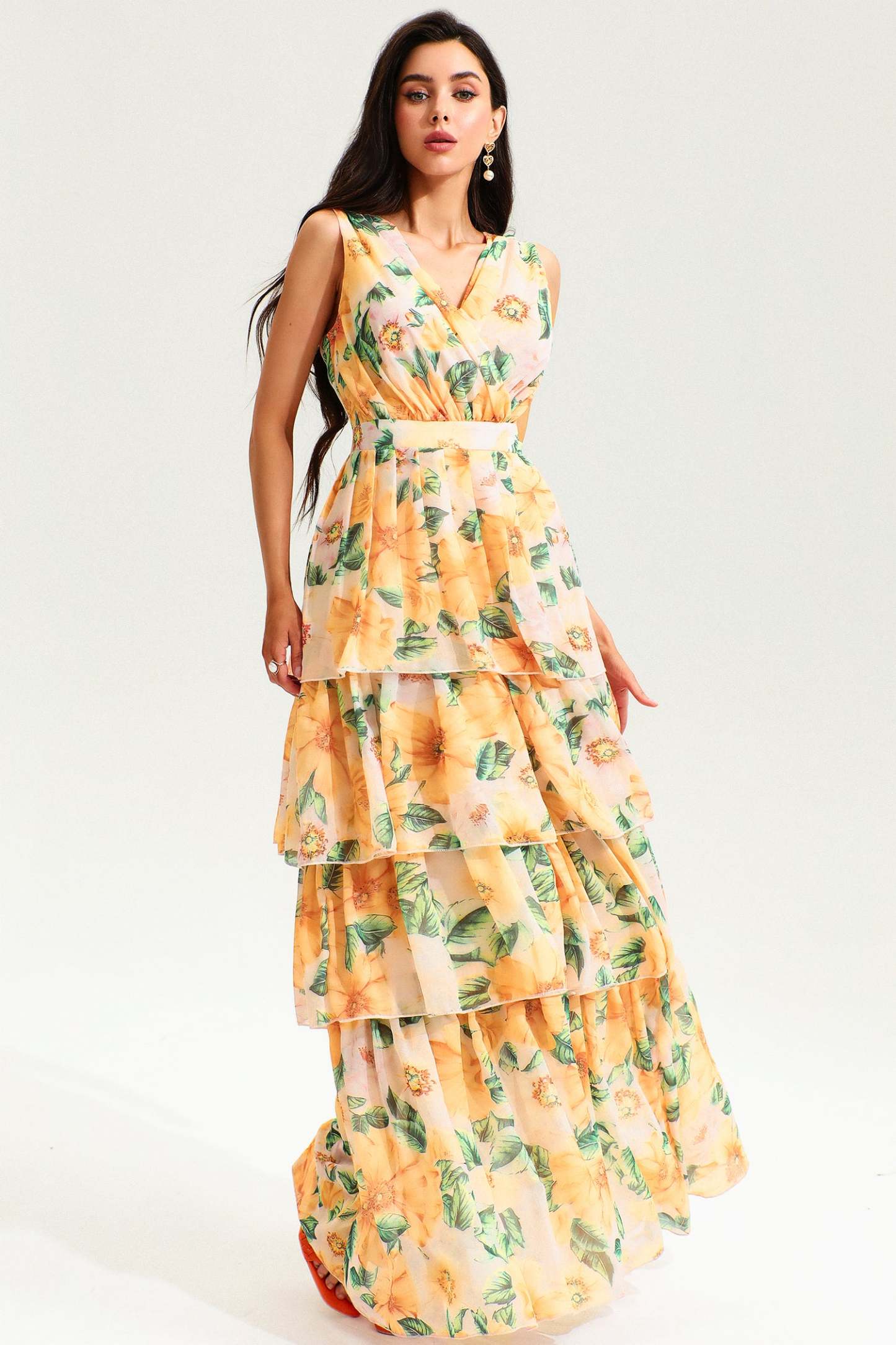 Floral Backless Sleeveless Tiered Hem Maxi Dress