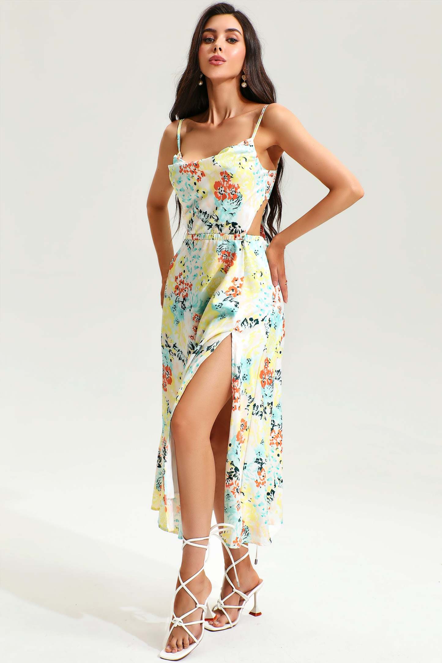 Floral Backless Cut Out Cami Midi Dress