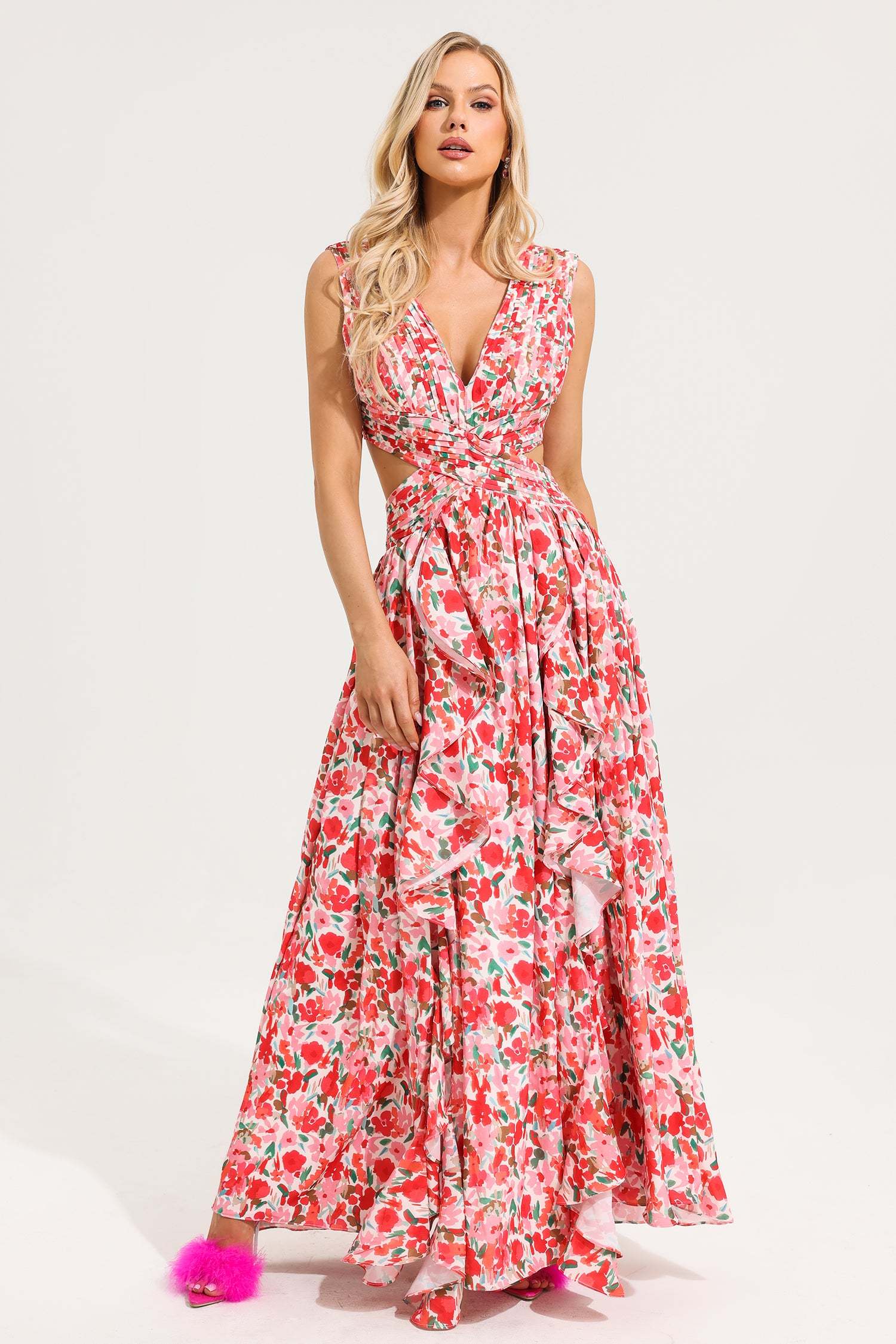 V-Neck Sleeveless Floral Frill Maxi Dress