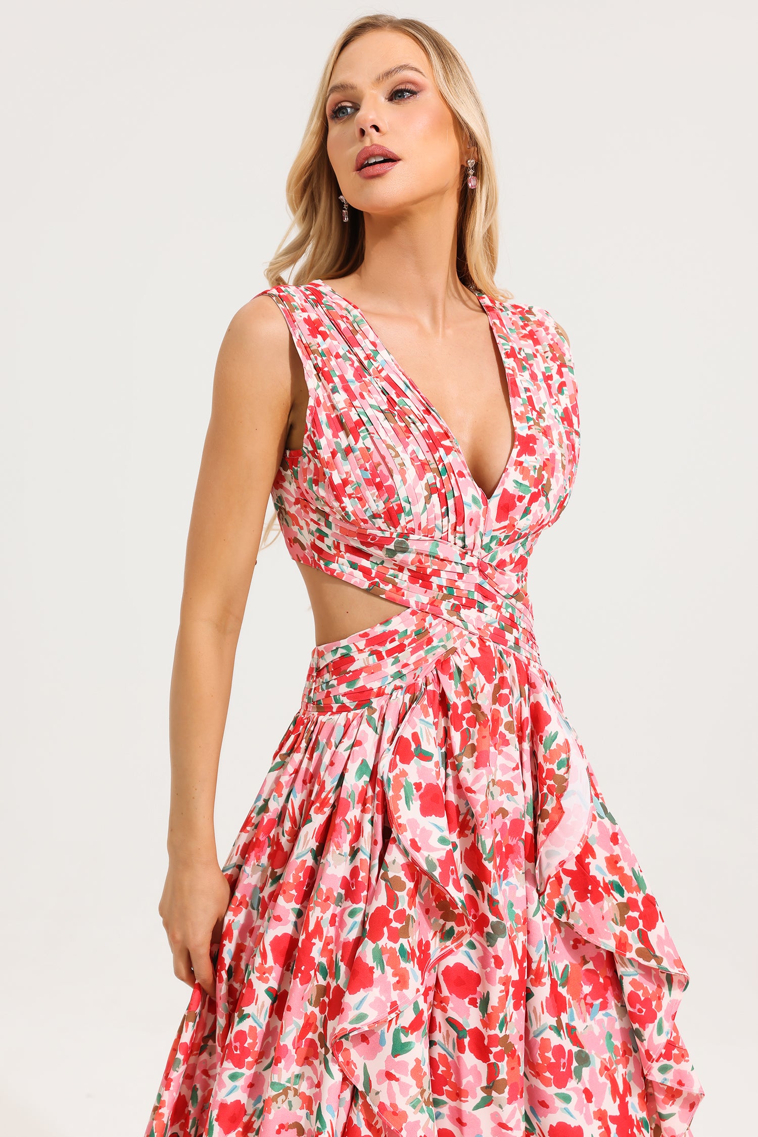 V-Neck Sleeveless Floral Frill Maxi Dress