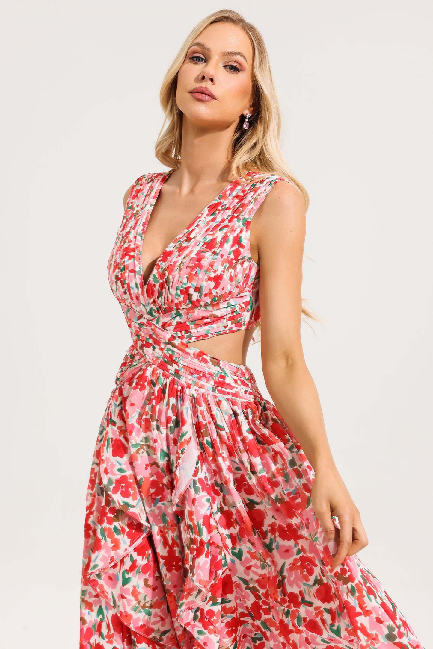 V-Neck Sleeveless Floral Frill Maxi Dress