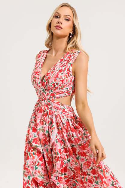 V-Neck Sleeveless Floral Frill Maxi Dress