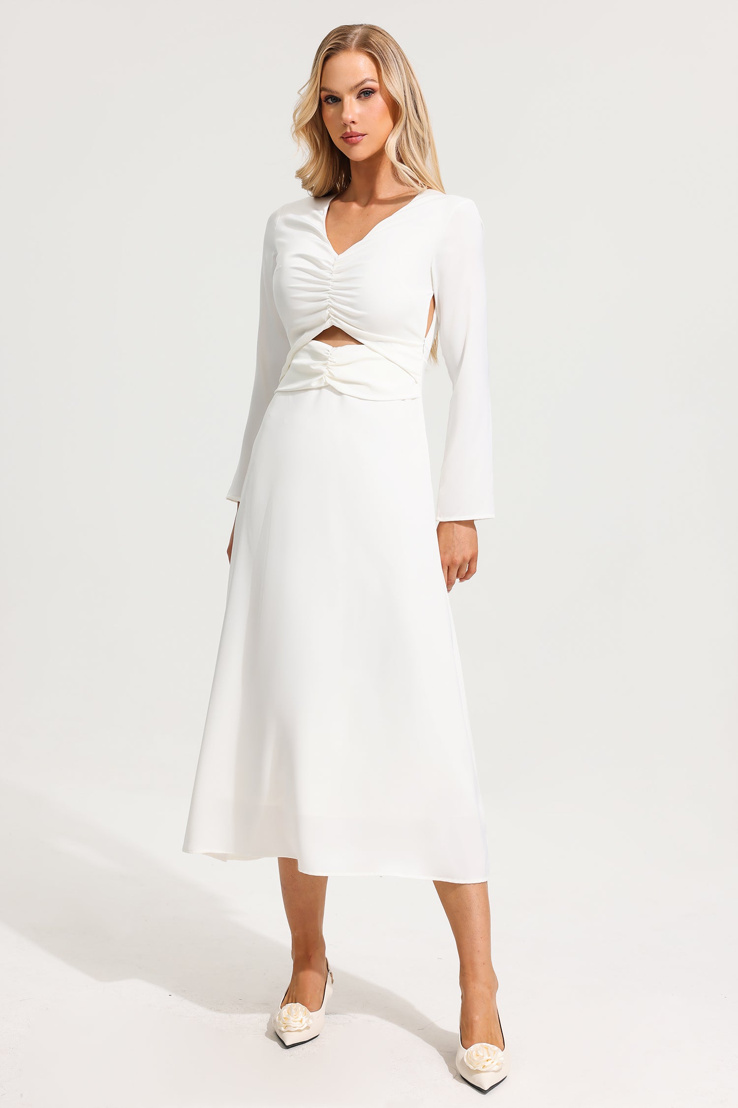 Satin V-Neck Long Sleeve Maxi Dress