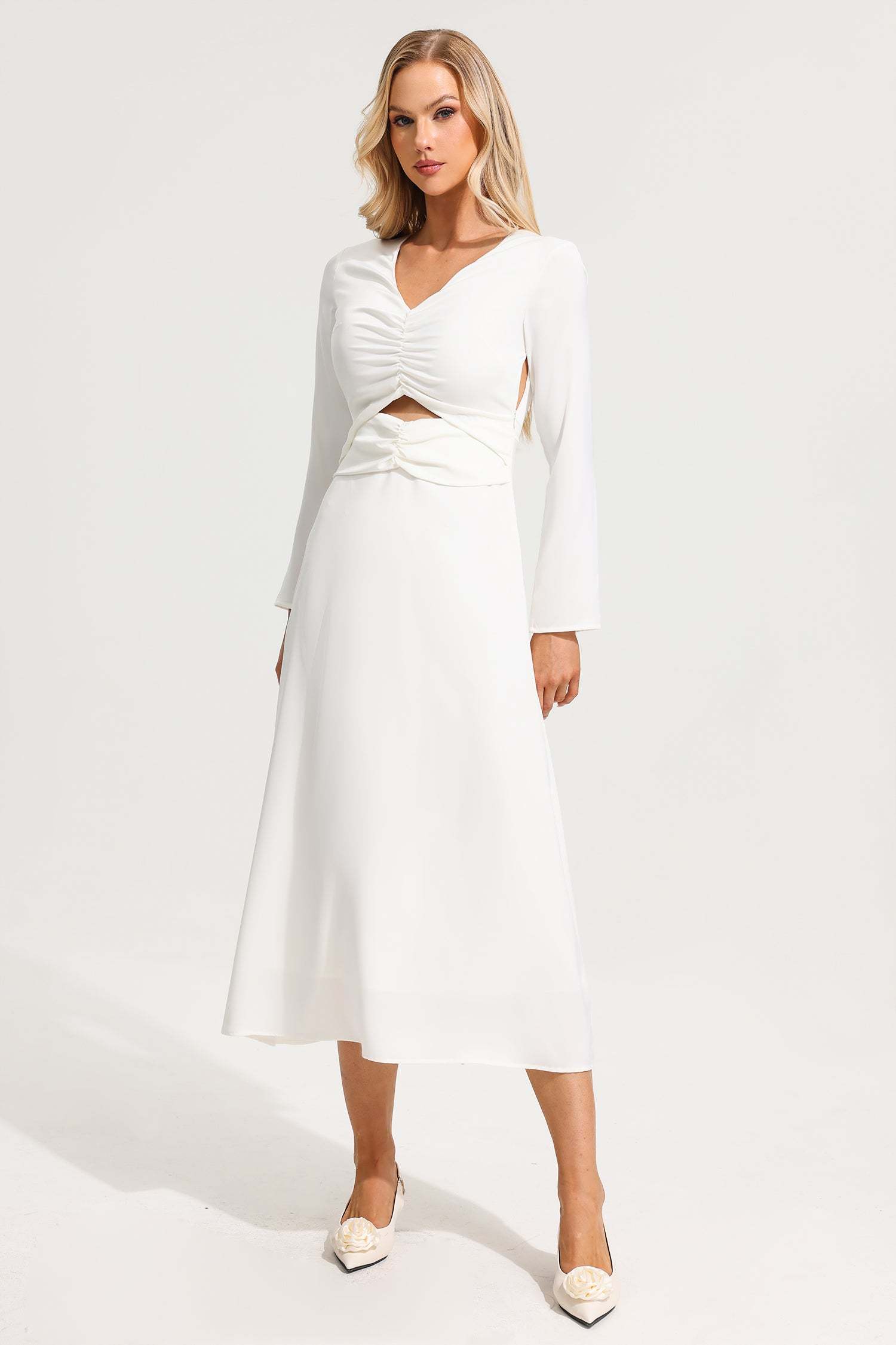 Satin V-Neck Long Sleeve Maxi Dress