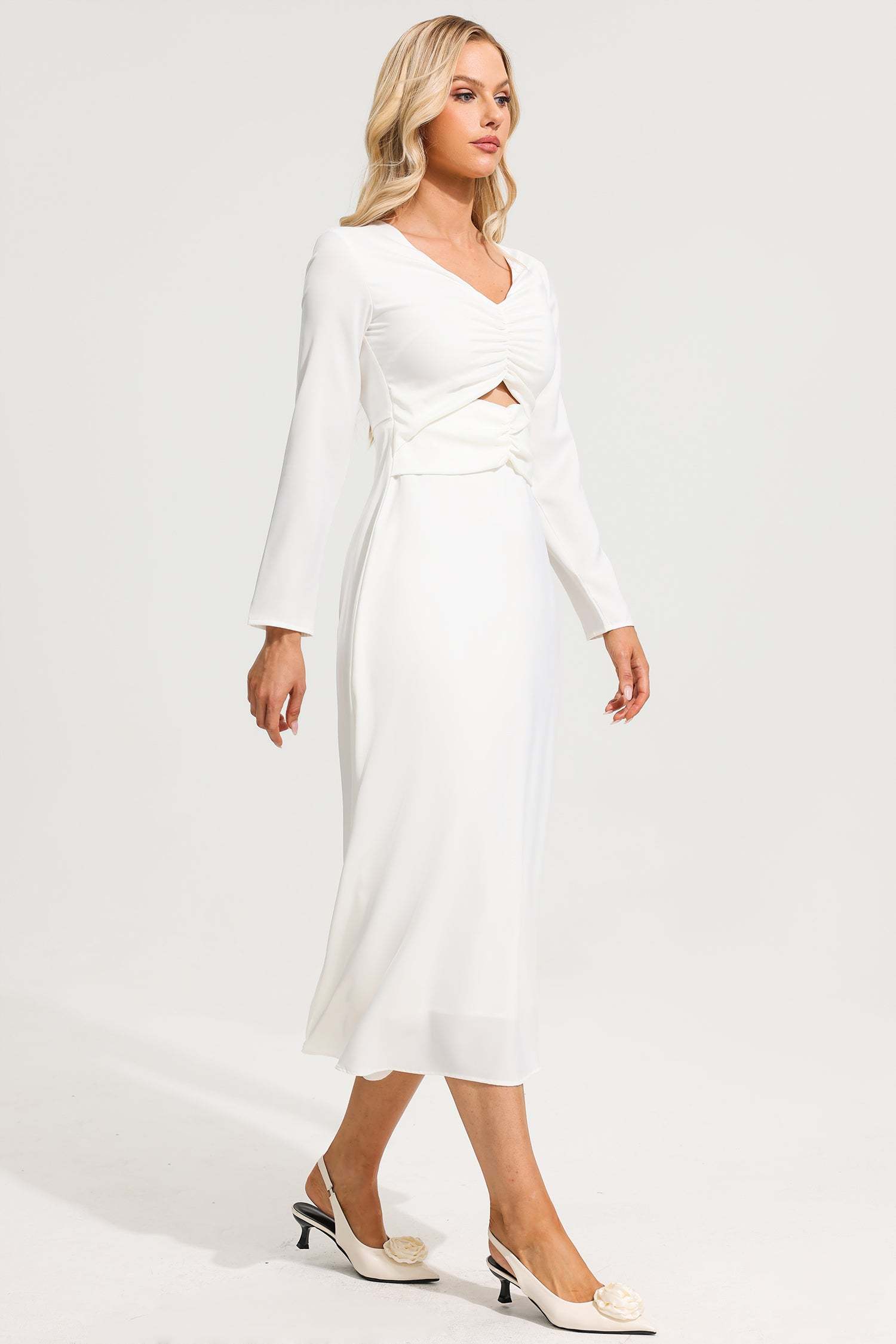 Satin V-Neck Long Sleeve Maxi Dress