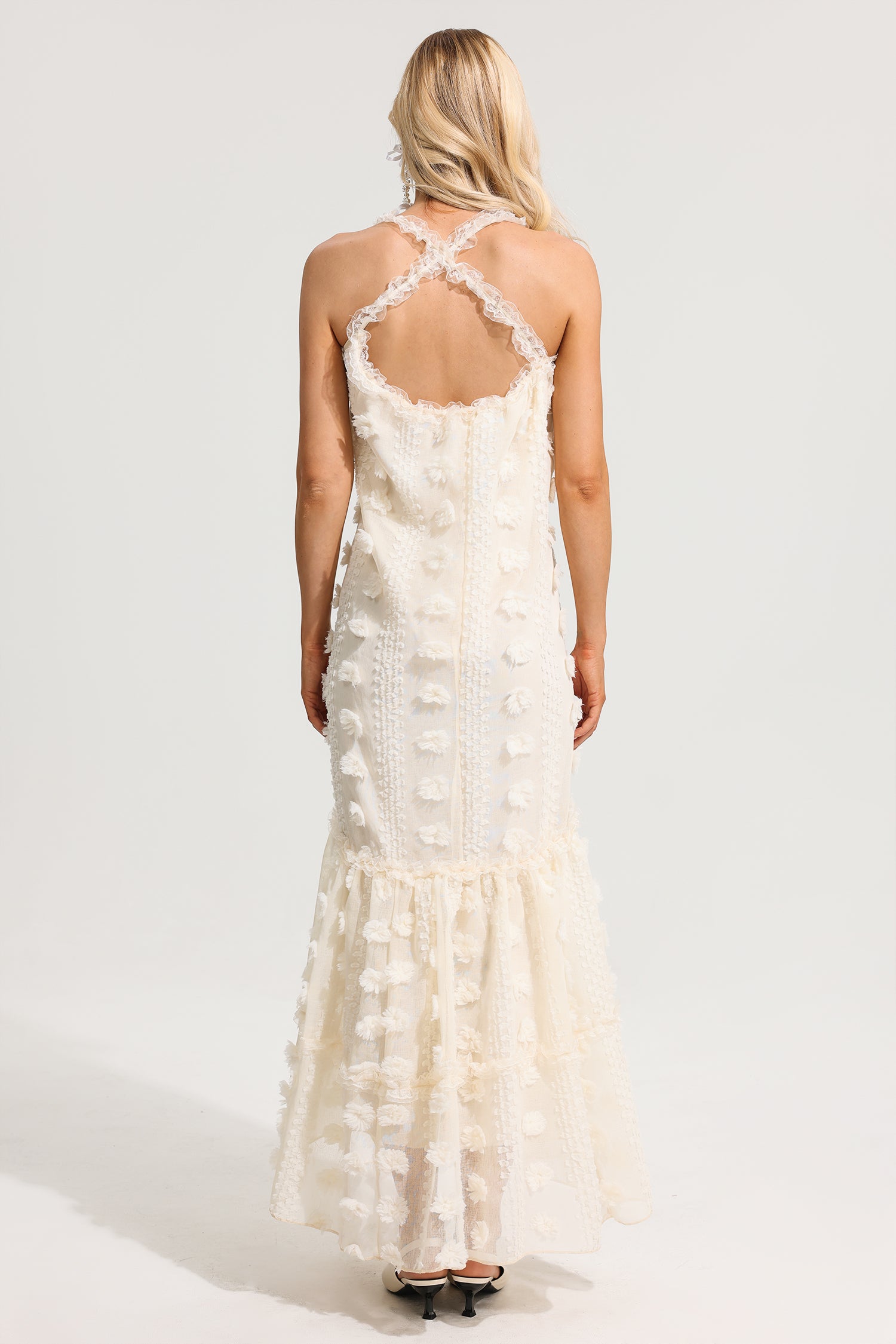 Ruffle 3D Flower Halter Neck Maxi Dress