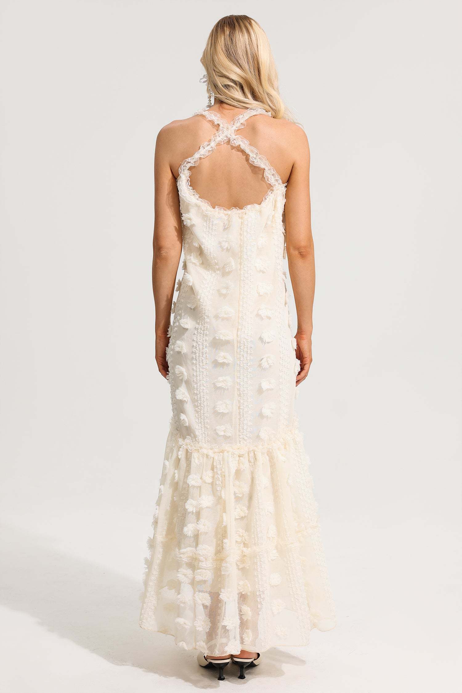 Ruffle 3D Flower Halter Neck Maxi Dress