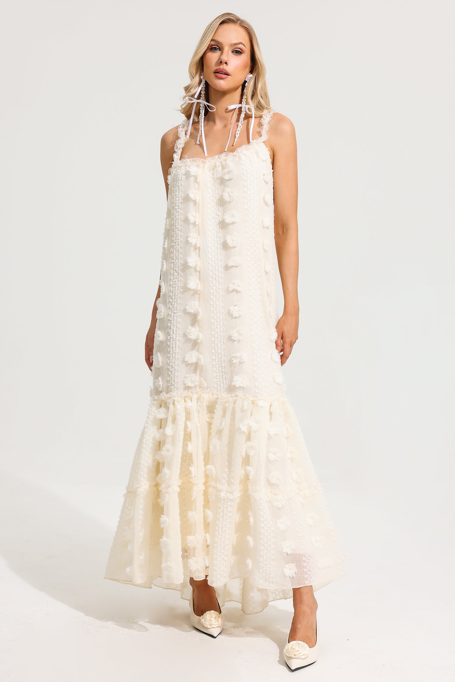 Ruffle 3D Flower Halter Neck Maxi Dress