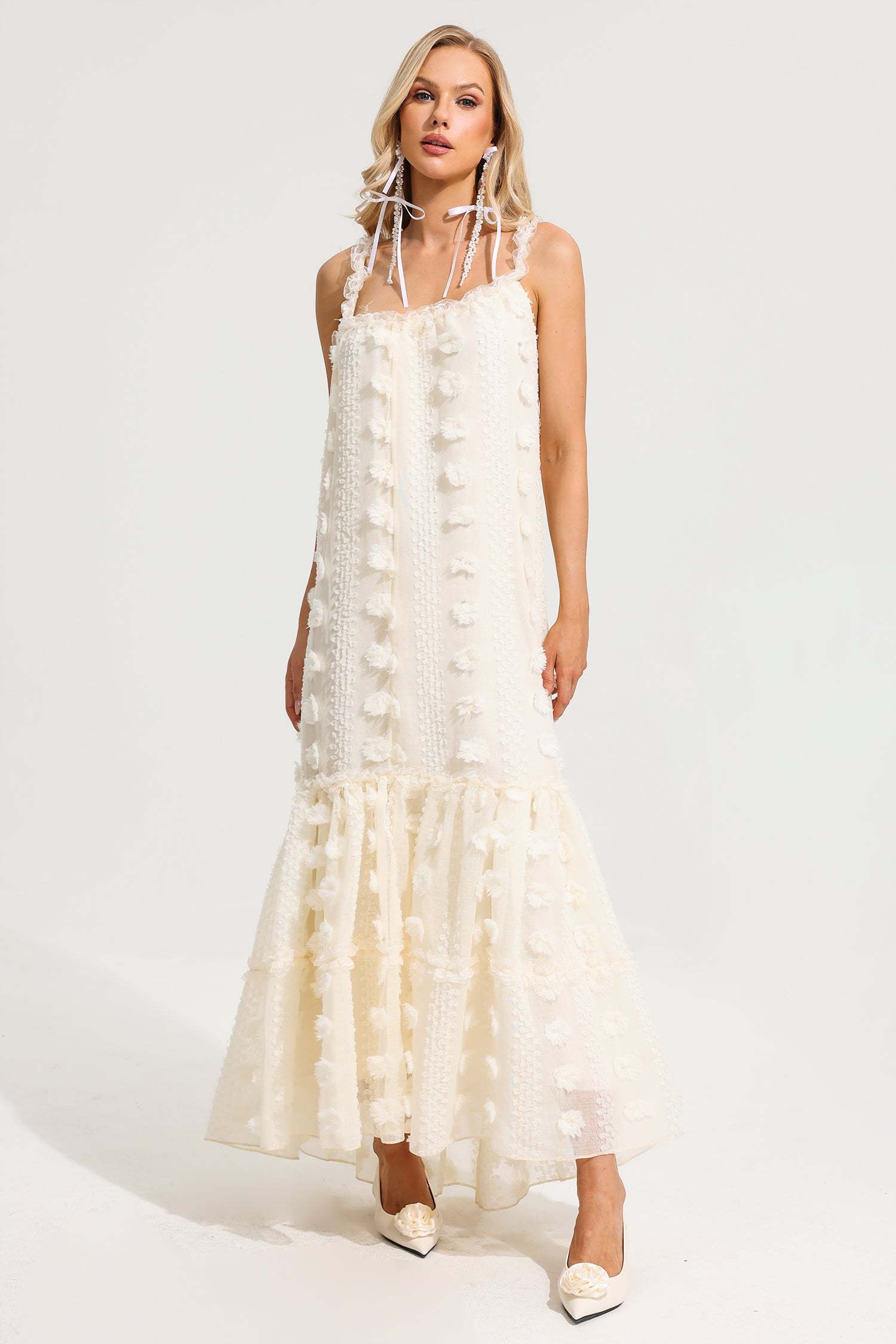 Ruffle 3D Flower Halter Neck Maxi Dress