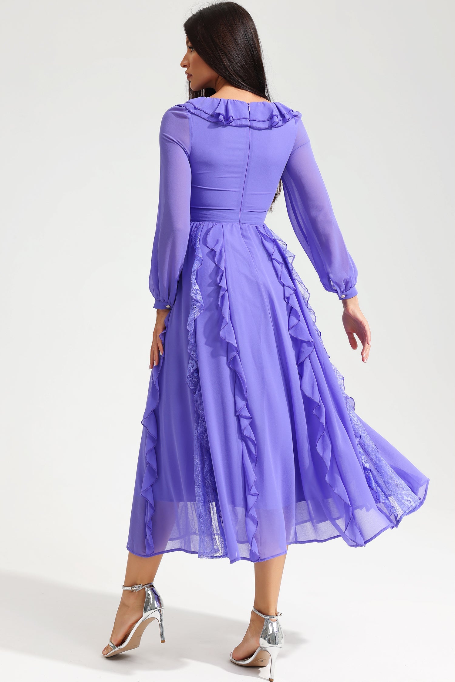 Long Sleeve V-Neck Ruffle Midi Dress Purple