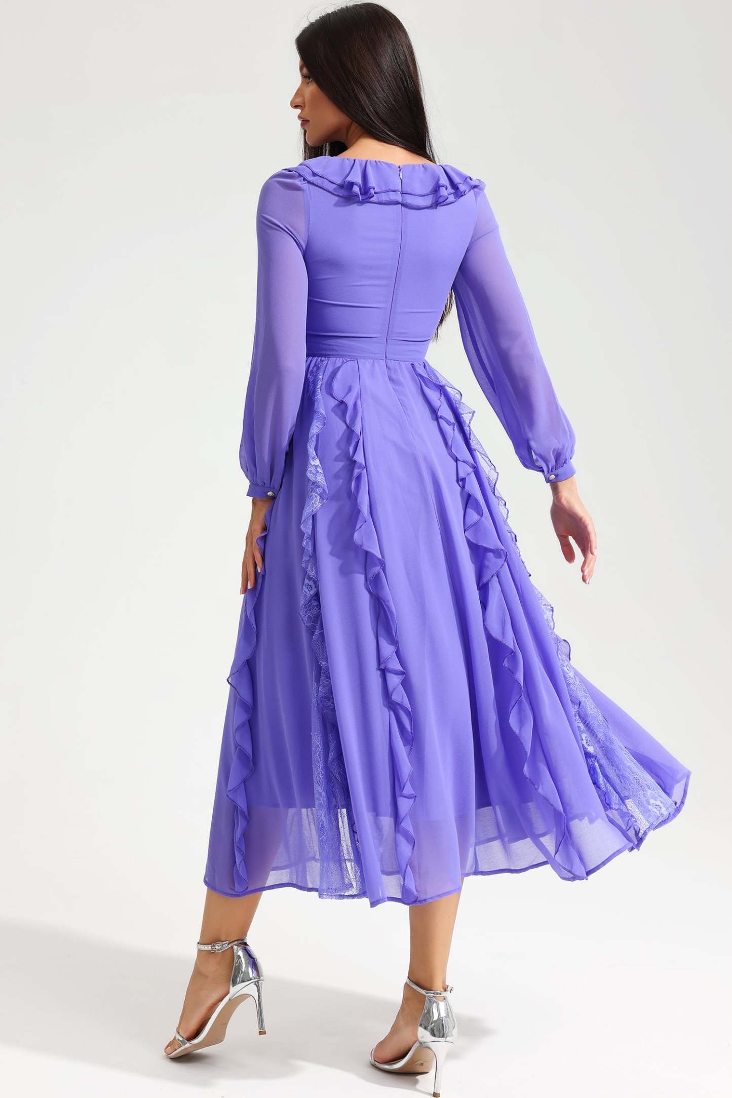 Long Sleeve V-Neck Ruffle Midi Dress Purple