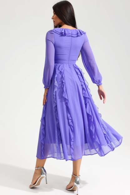 Long Sleeve V-Neck Ruffle Midi Dress Purple