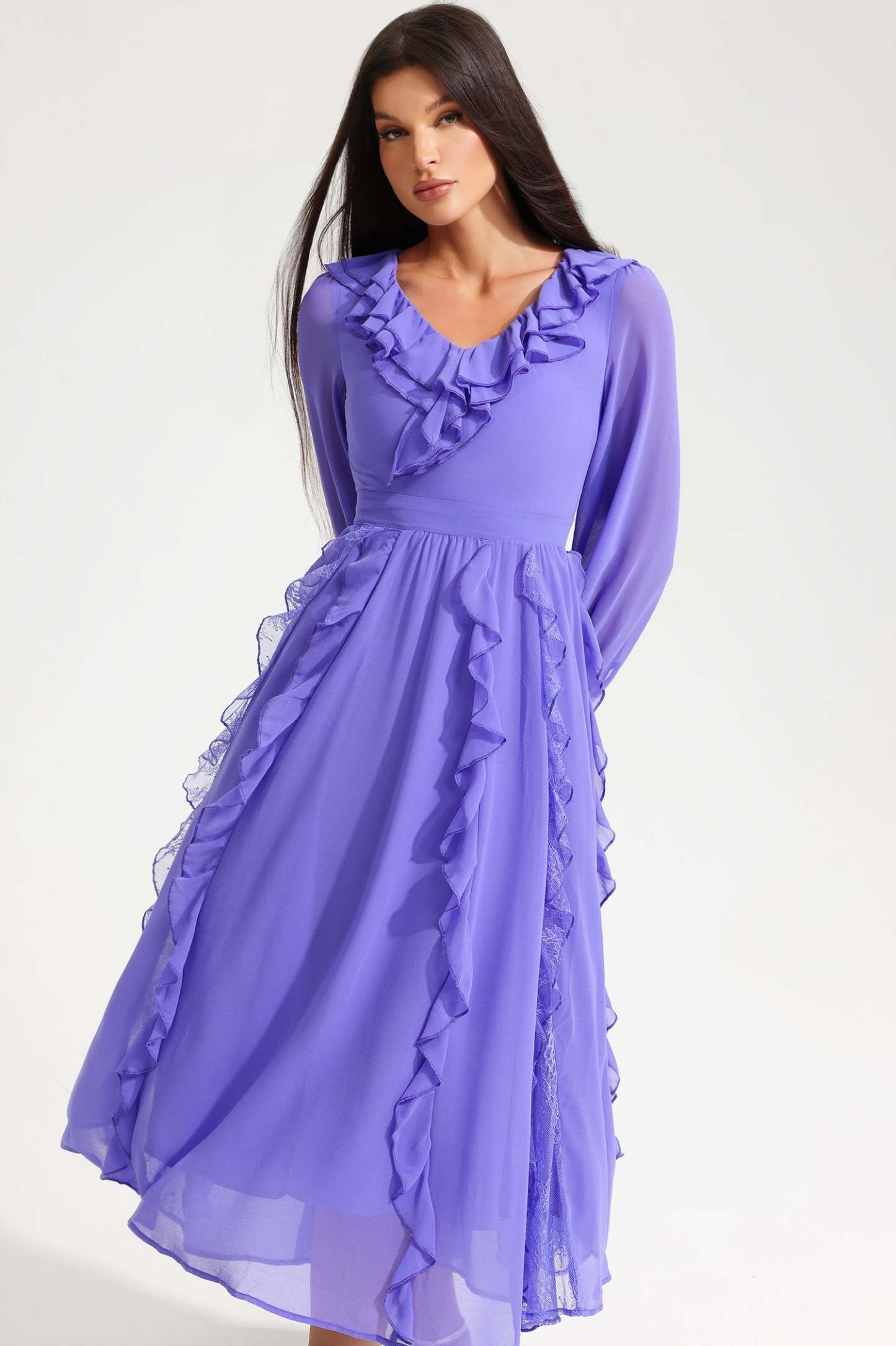 Long Sleeve V-Neck Ruffle Midi Dress Purple