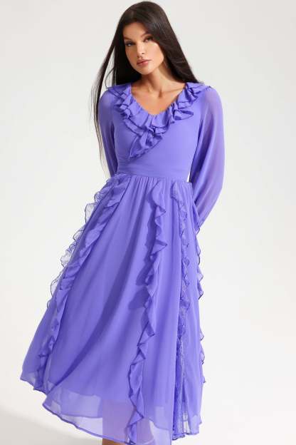 Long Sleeve V-Neck Ruffle Midi Dress Purple