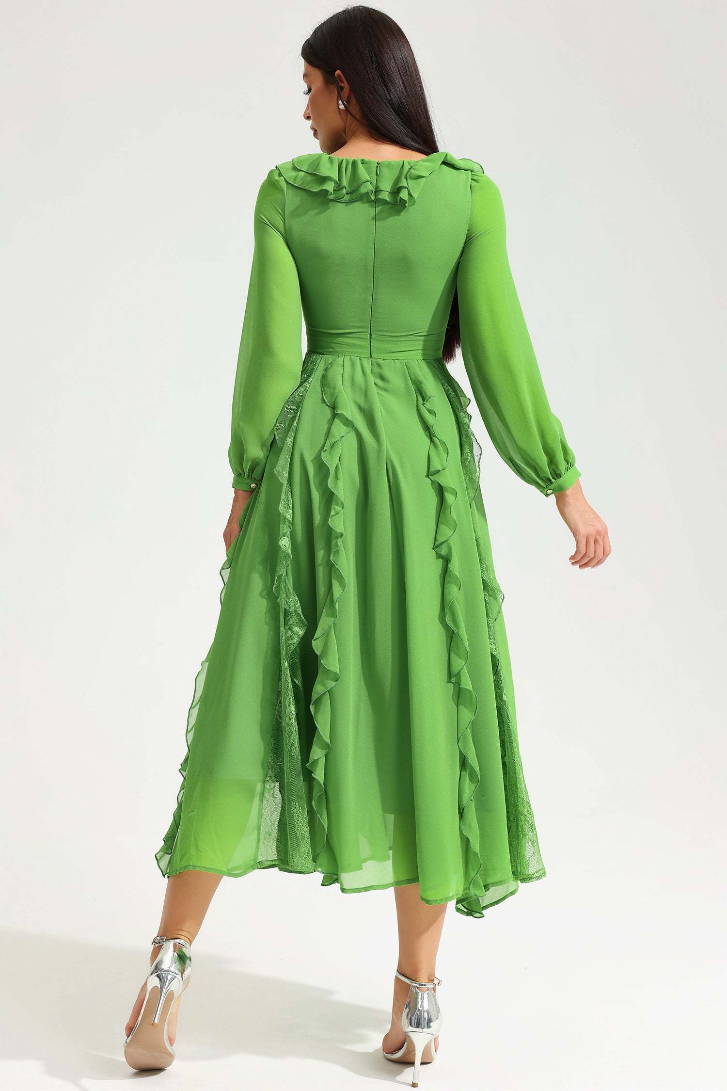 Long Sleeve V-Neck Ruffle Midi Dress Green
