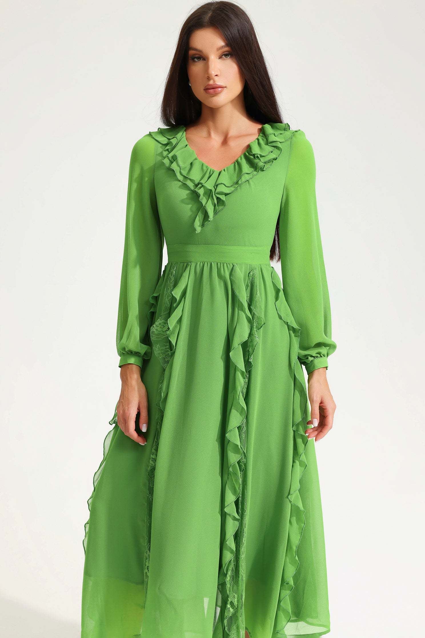 Long Sleeve V-Neck Ruffle Midi Dress Green
