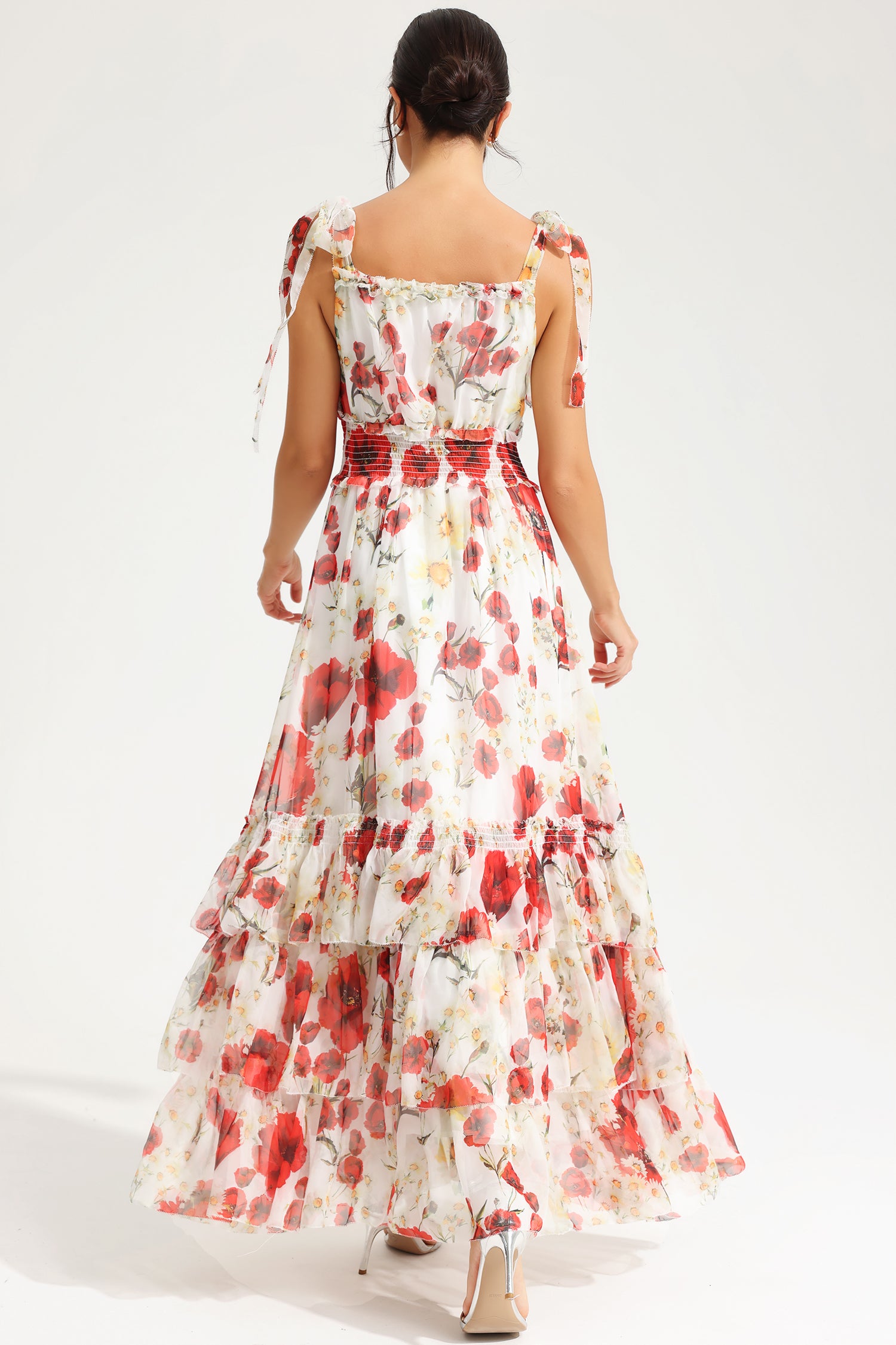 Floral Cami Square Collar Smocked Elastic Midi Dress