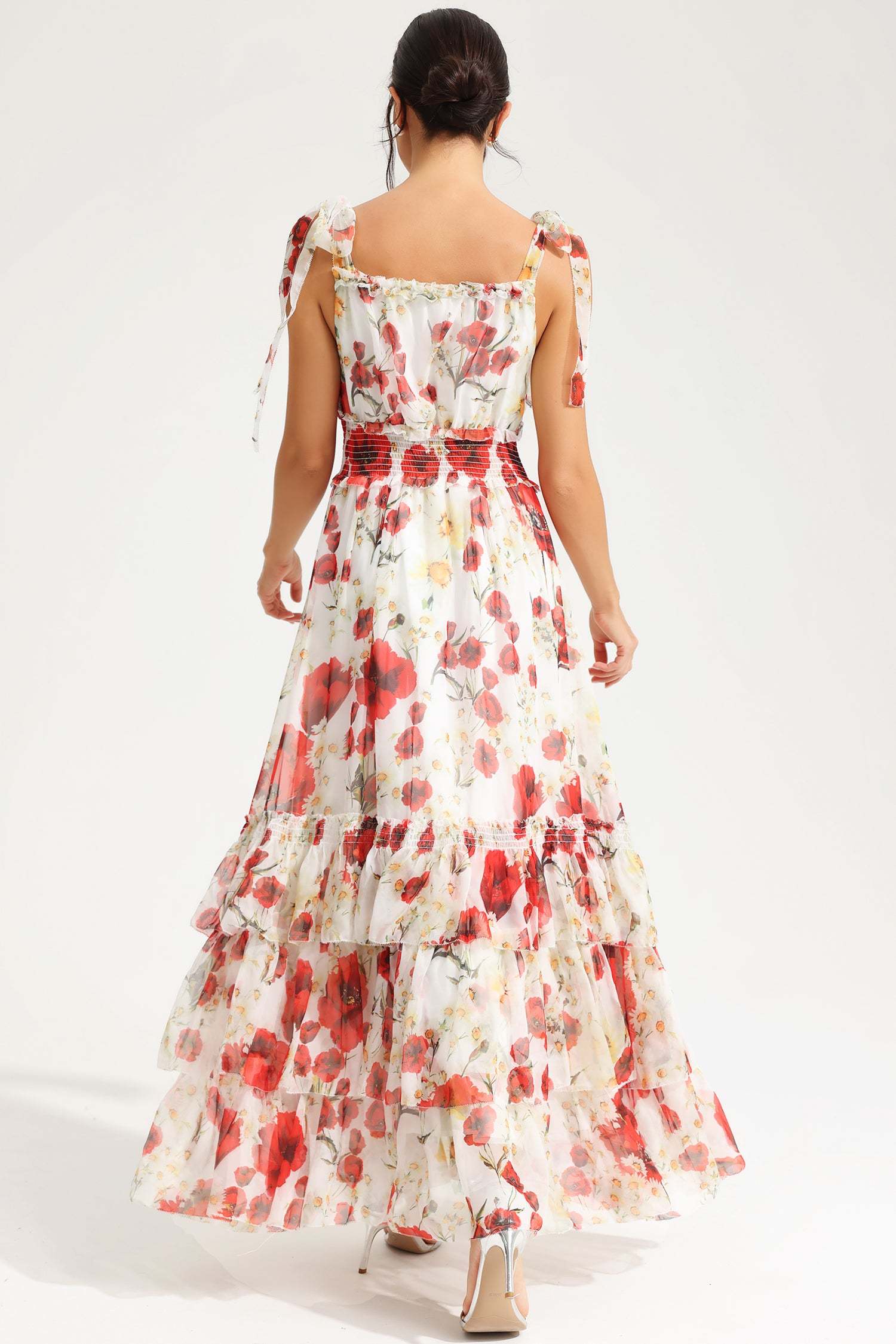 Floral Cami Square Collar Smocked Elastic Midi Dress