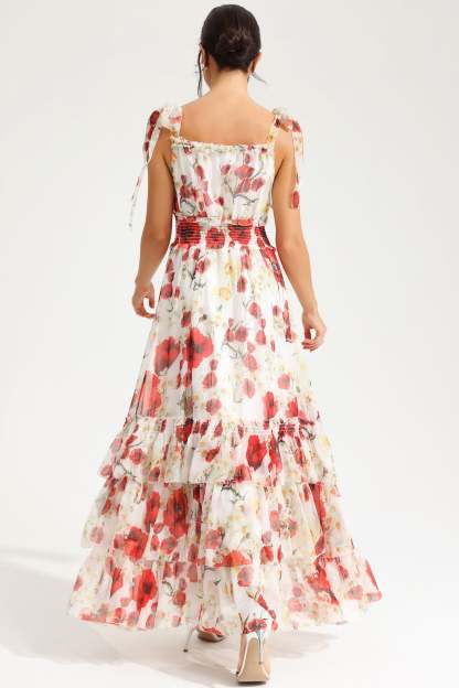 Floral Cami Square Collar Smocked Elastic Midi Dress