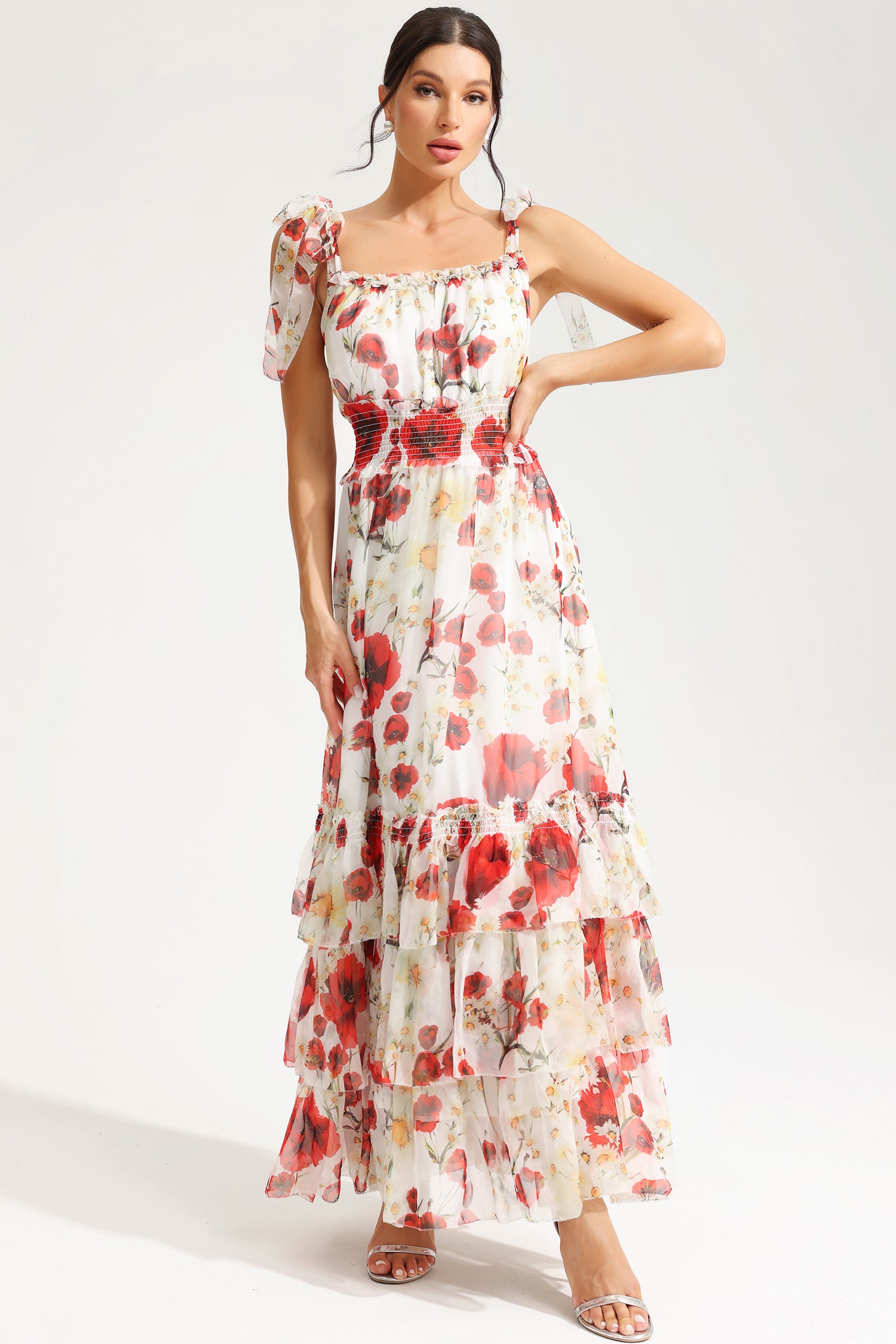 Floral Cami Square Collar Smocked Elastic Midi Dress