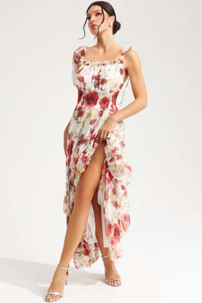 Floral Cami Square Collar Smocked Elastic Midi Dress