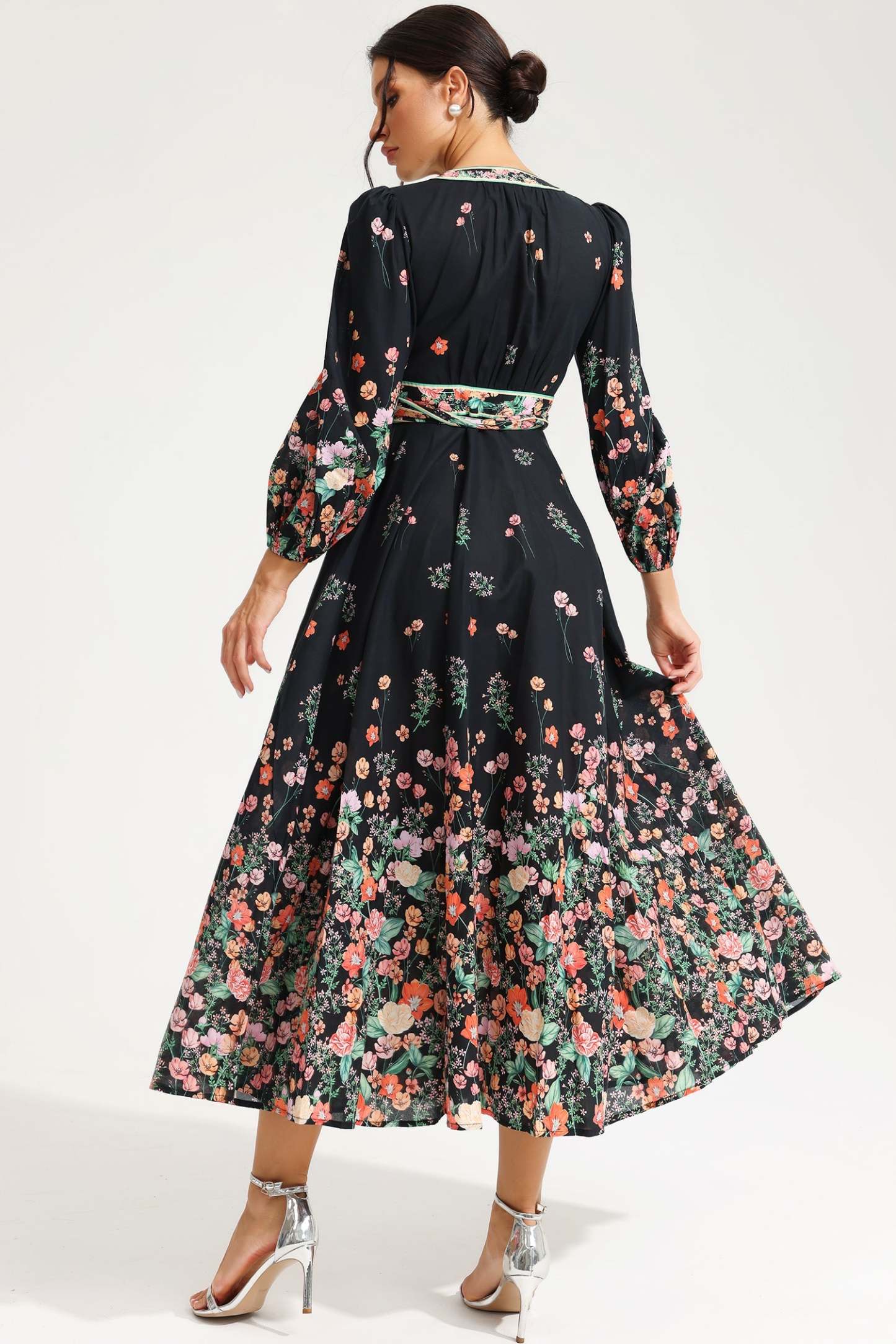 Floral Long Sleeve V-Neck Lace Up Midi Dress Black