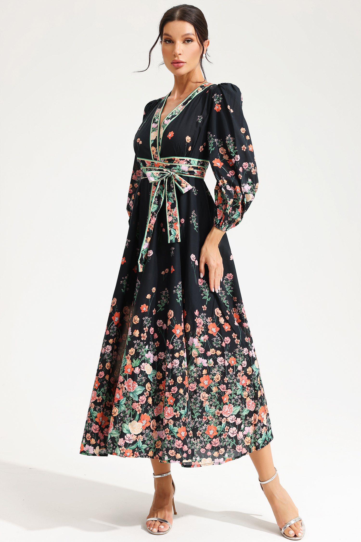 Paule Floral V-Neck Lace Up Midi Dress