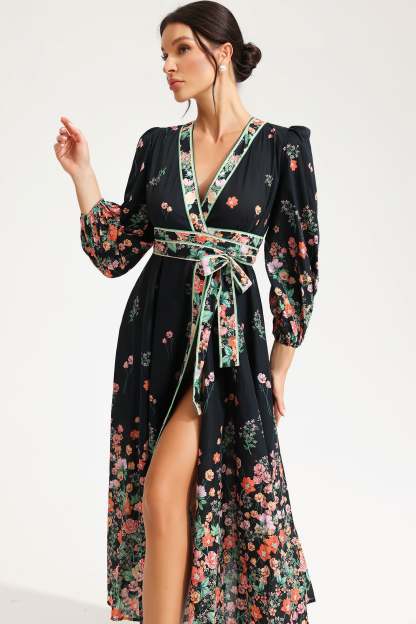 Floral Long Sleeve V-Neck Lace Up Midi Dress Black