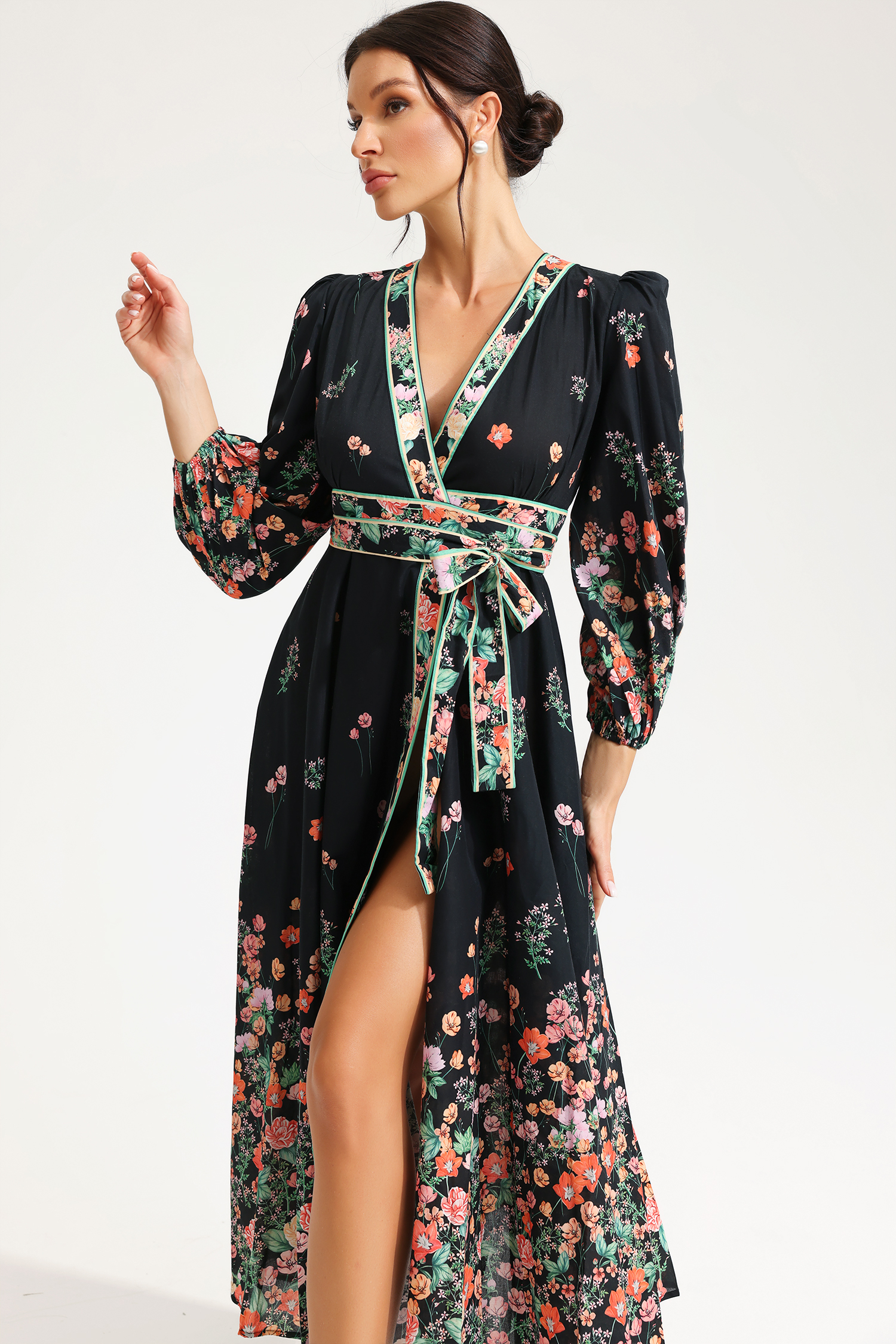 Paule Floral V-Neck Lace Up Midi Dress