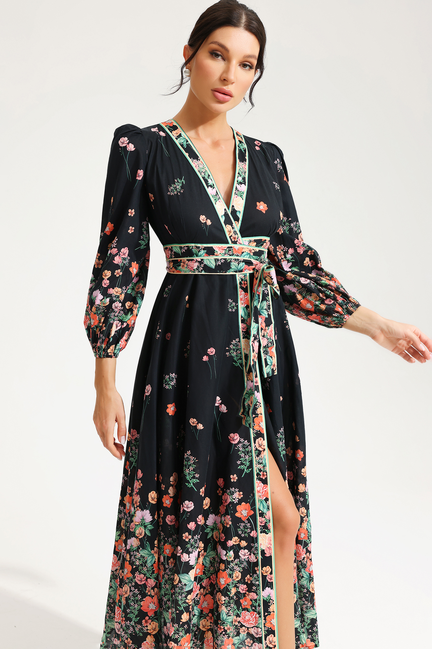 Paule Floral V-Neck Lace Up Midi Dress
