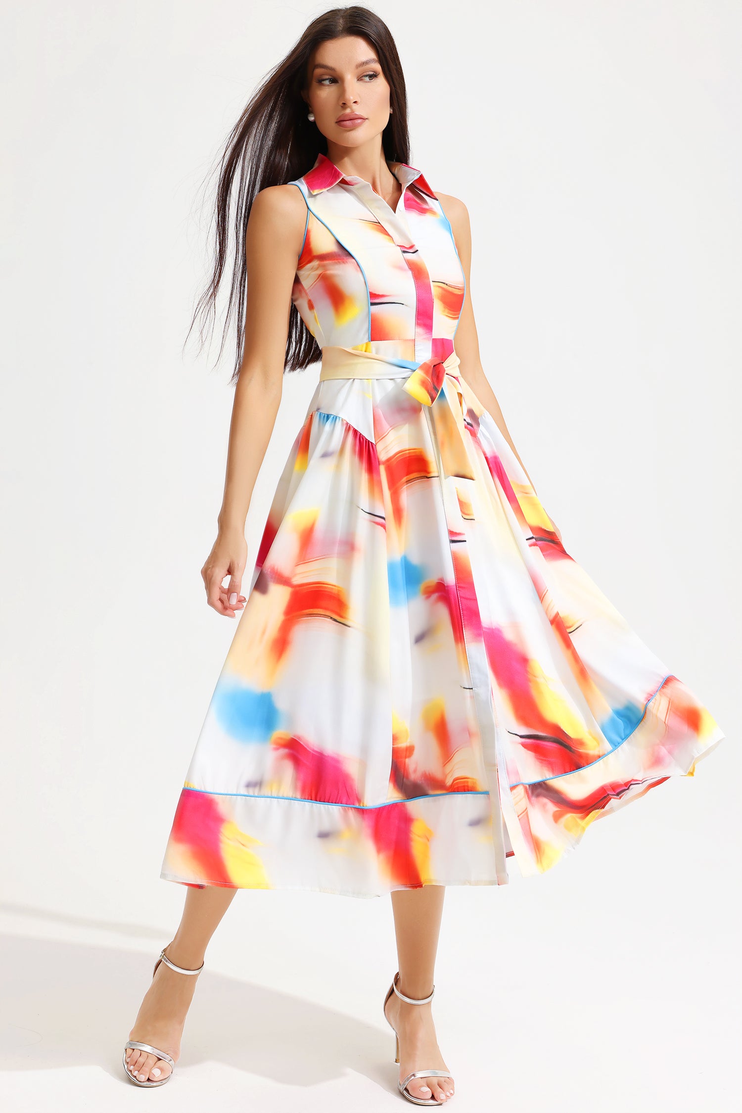 Printed Sleeveless Lapel Lace Up Midi Dress