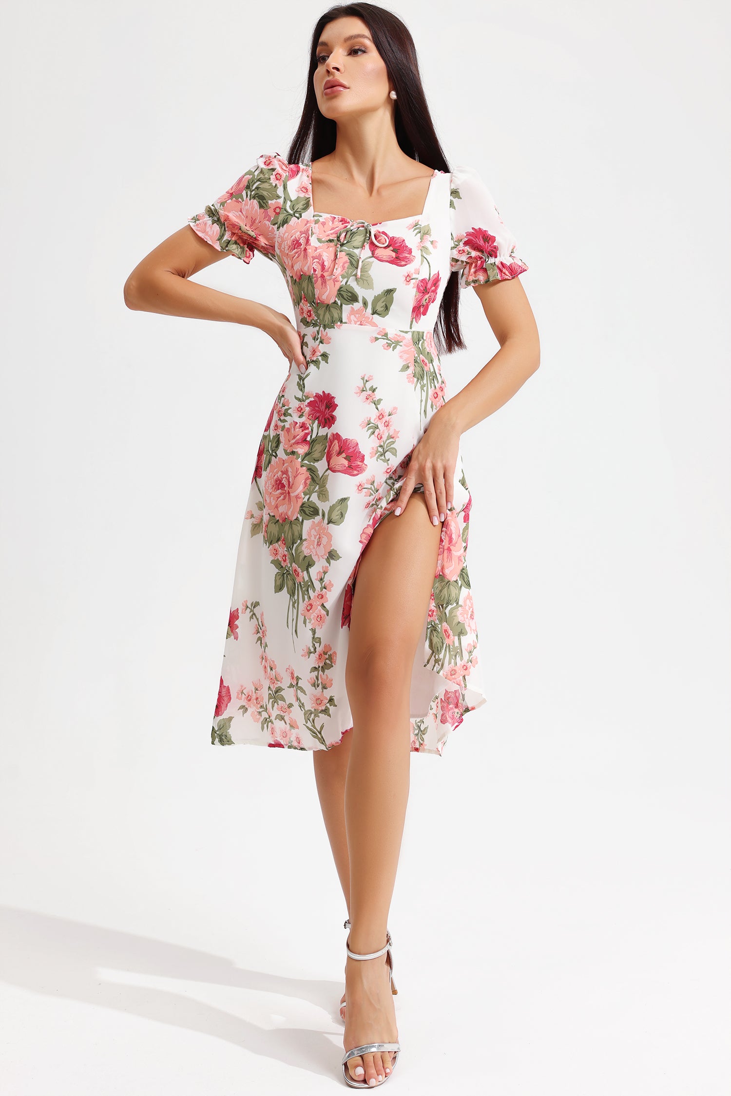 Floral Puff Sleeve Square Collar Slit Midi Dress
