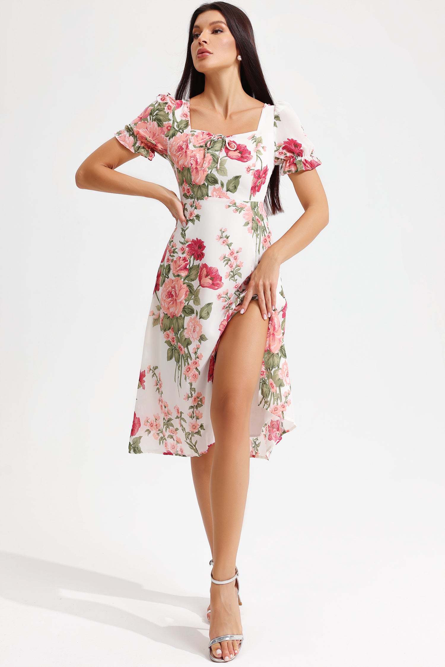 Floral Puff Sleeve Square Collar Slit Midi Dress