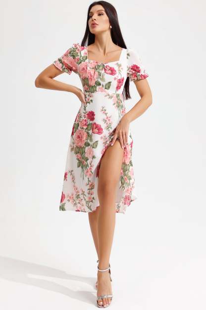 Floral Puff Sleeve Square Collar Slit Midi Dress