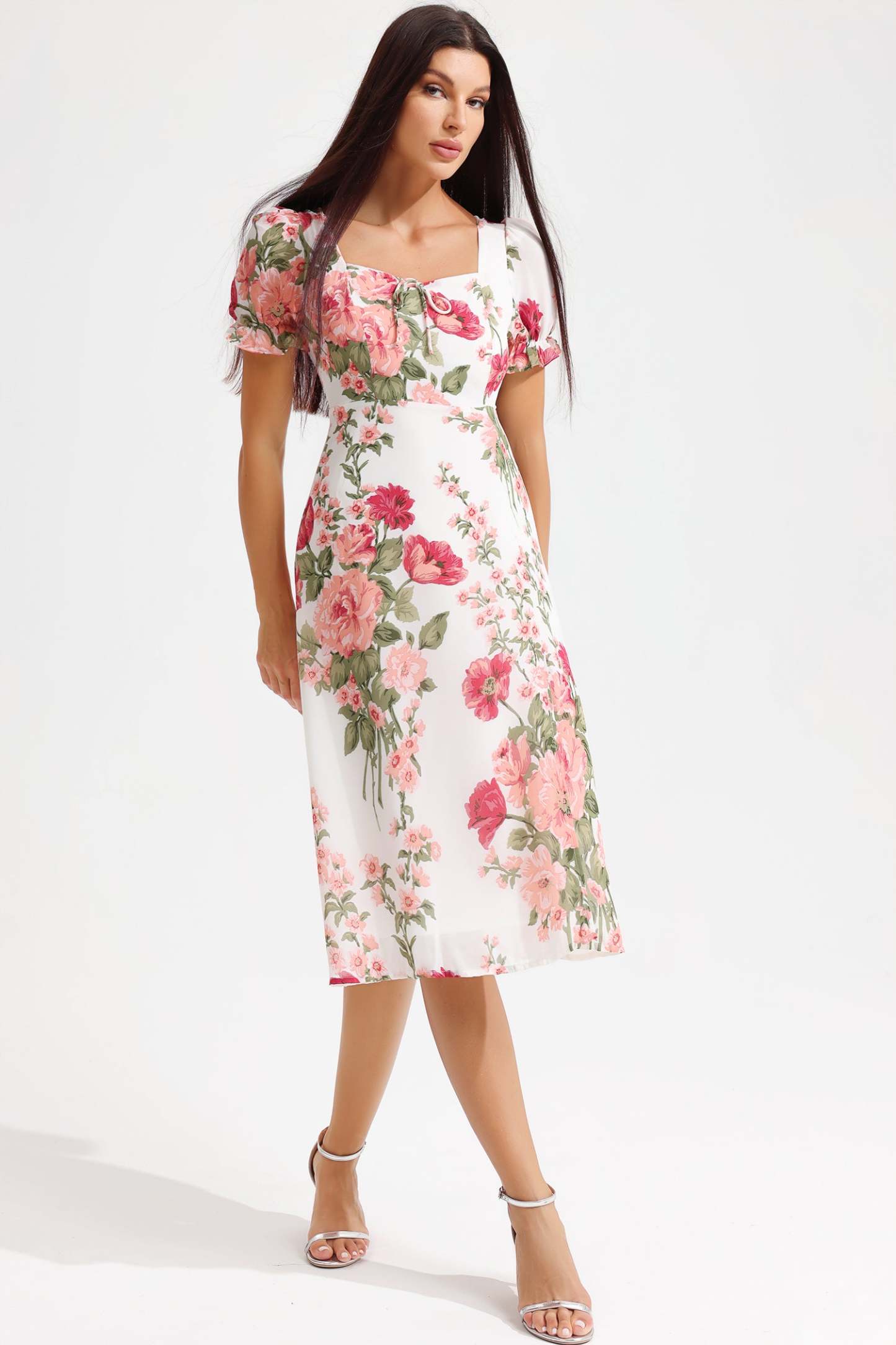 Floral Puff Sleeve Square Collar Slit Midi Dress