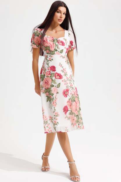 Floral Puff Sleeve Square Collar Slit Midi Dress