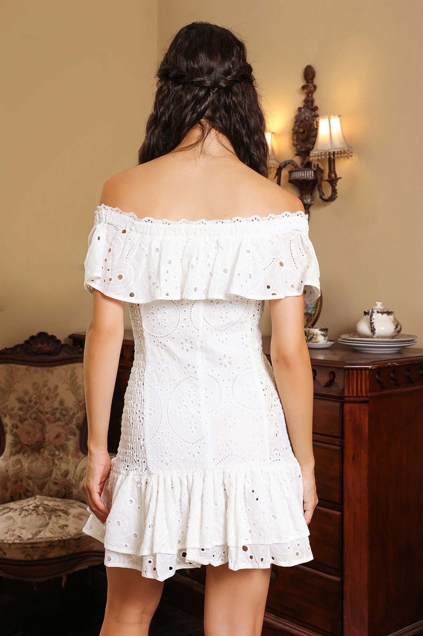 Ruffle Hem Lace Up Mini Dress White