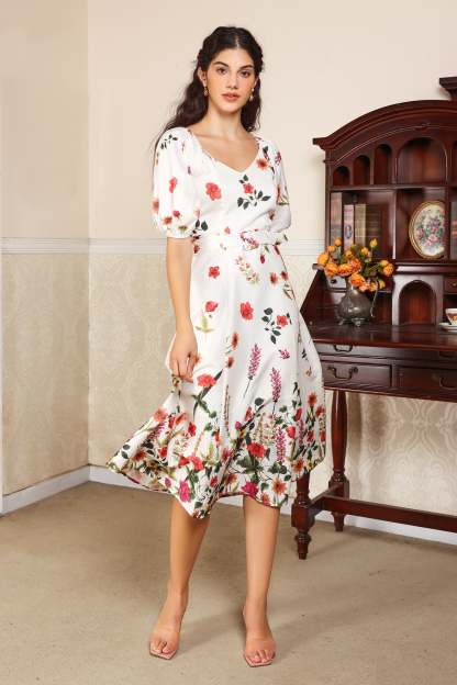 Floral Puff Sleeve V-Neck Belted Midi Dress
