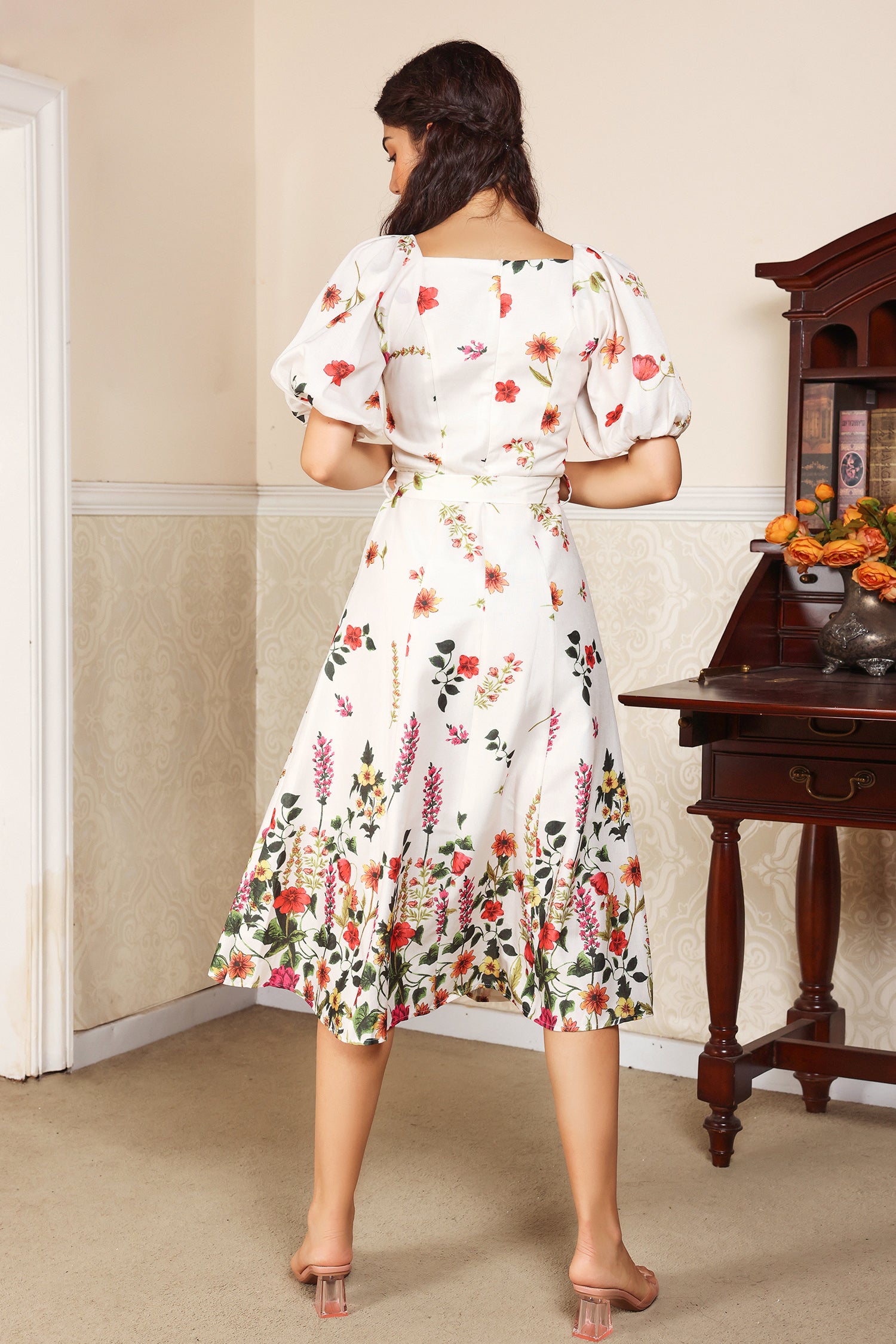 Floral Puff Sleeve V-Neck Belted Midi Dress
