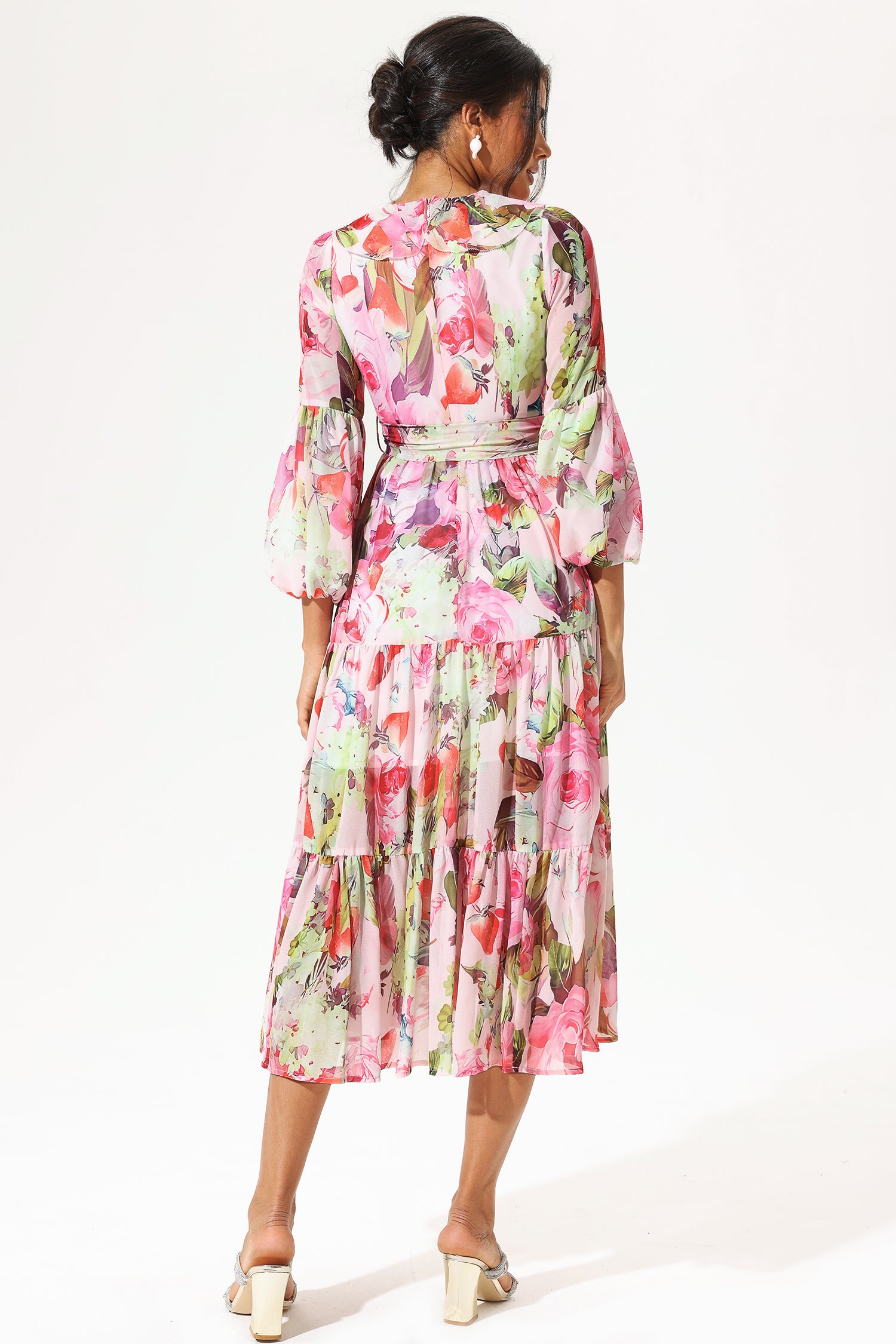 Floral Long Sleeve V-Neck Ruffle Maxi Dress