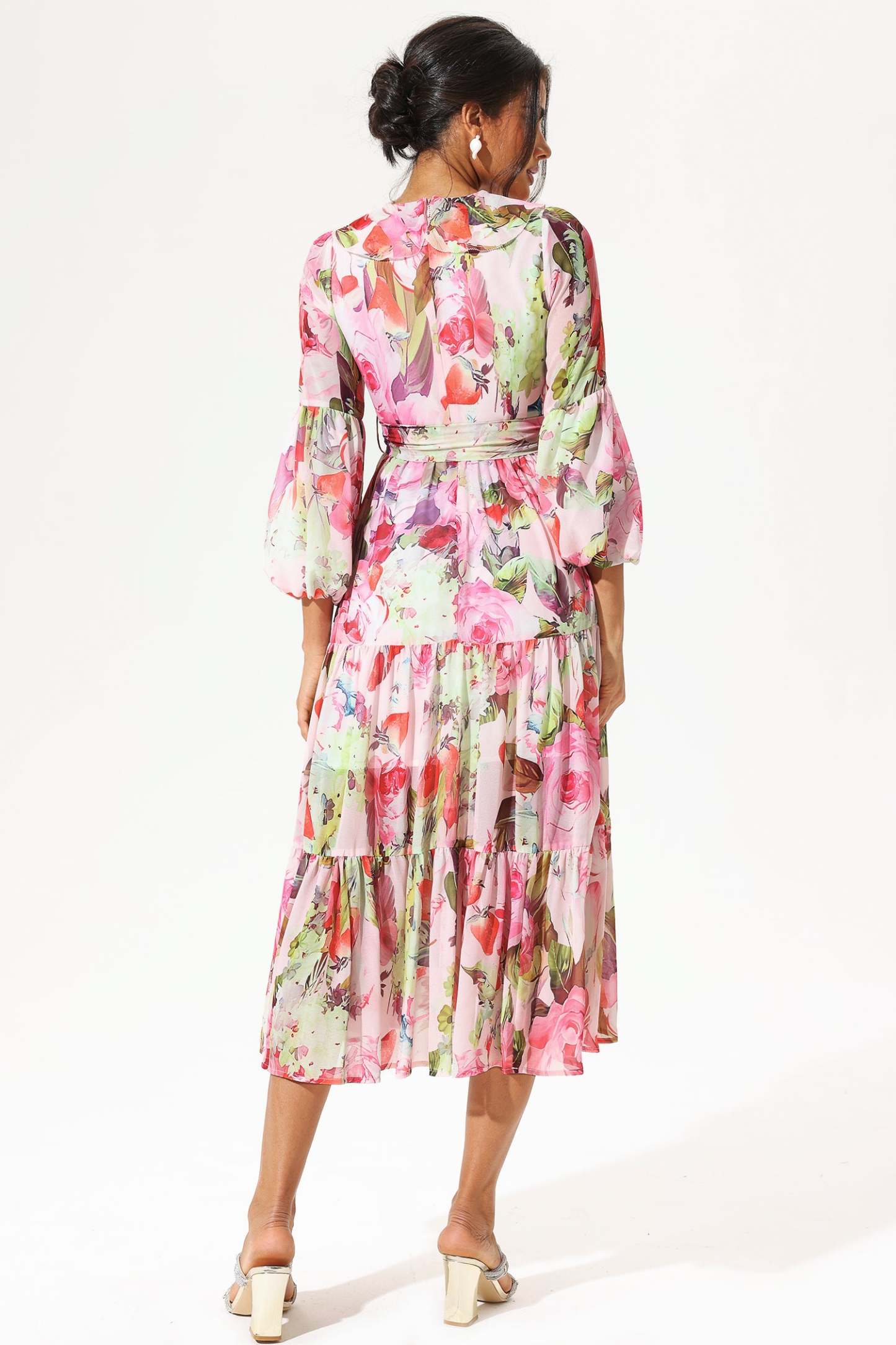 Floral Long Sleeve V-Neck Ruffle Maxi Dress