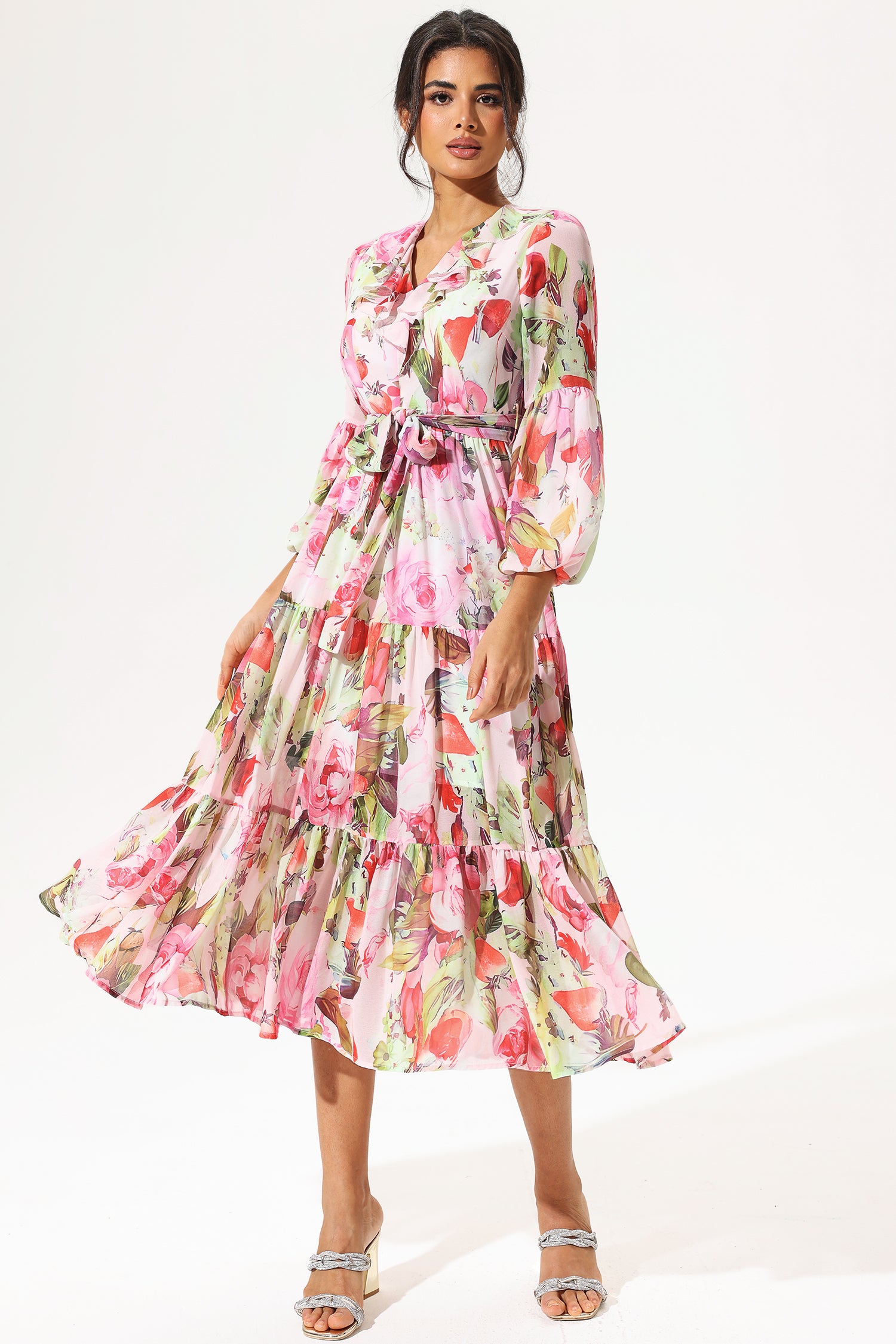 Floral Long Sleeve V-Neck Ruffle Maxi Dress