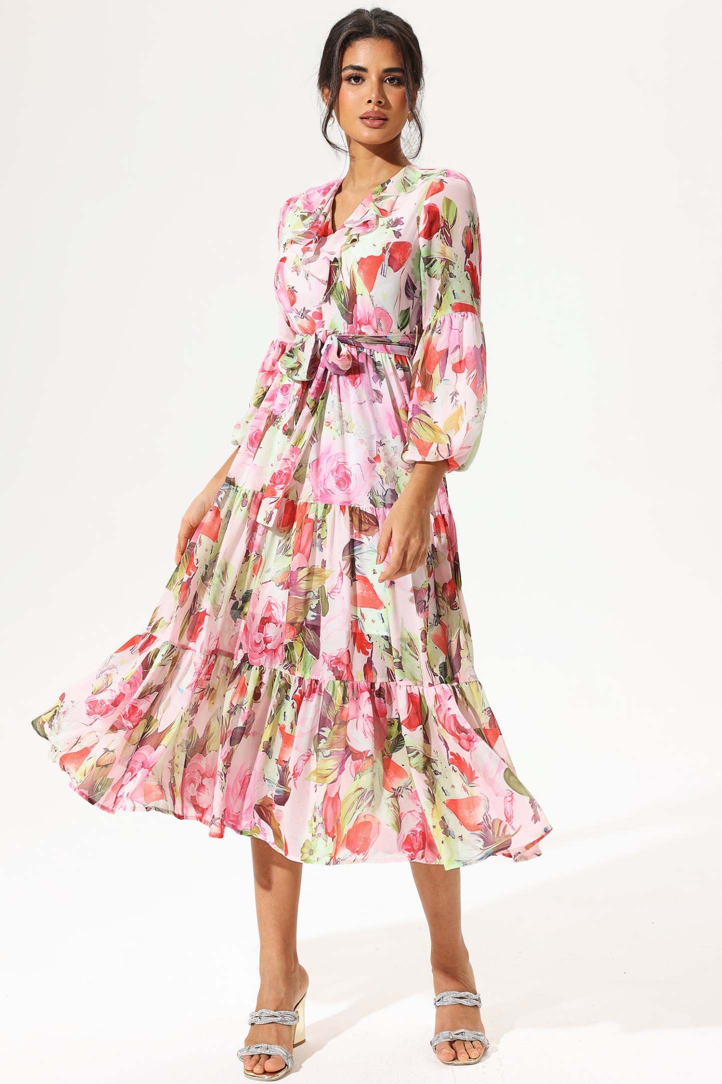 Floral Long Sleeve V-Neck Ruffle Maxi Dress