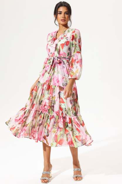 Floral Long Sleeve V-Neck Ruffle Maxi Dress