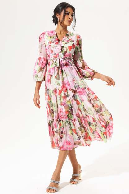 Floral Long Sleeve V-Neck Ruffle Maxi Dress