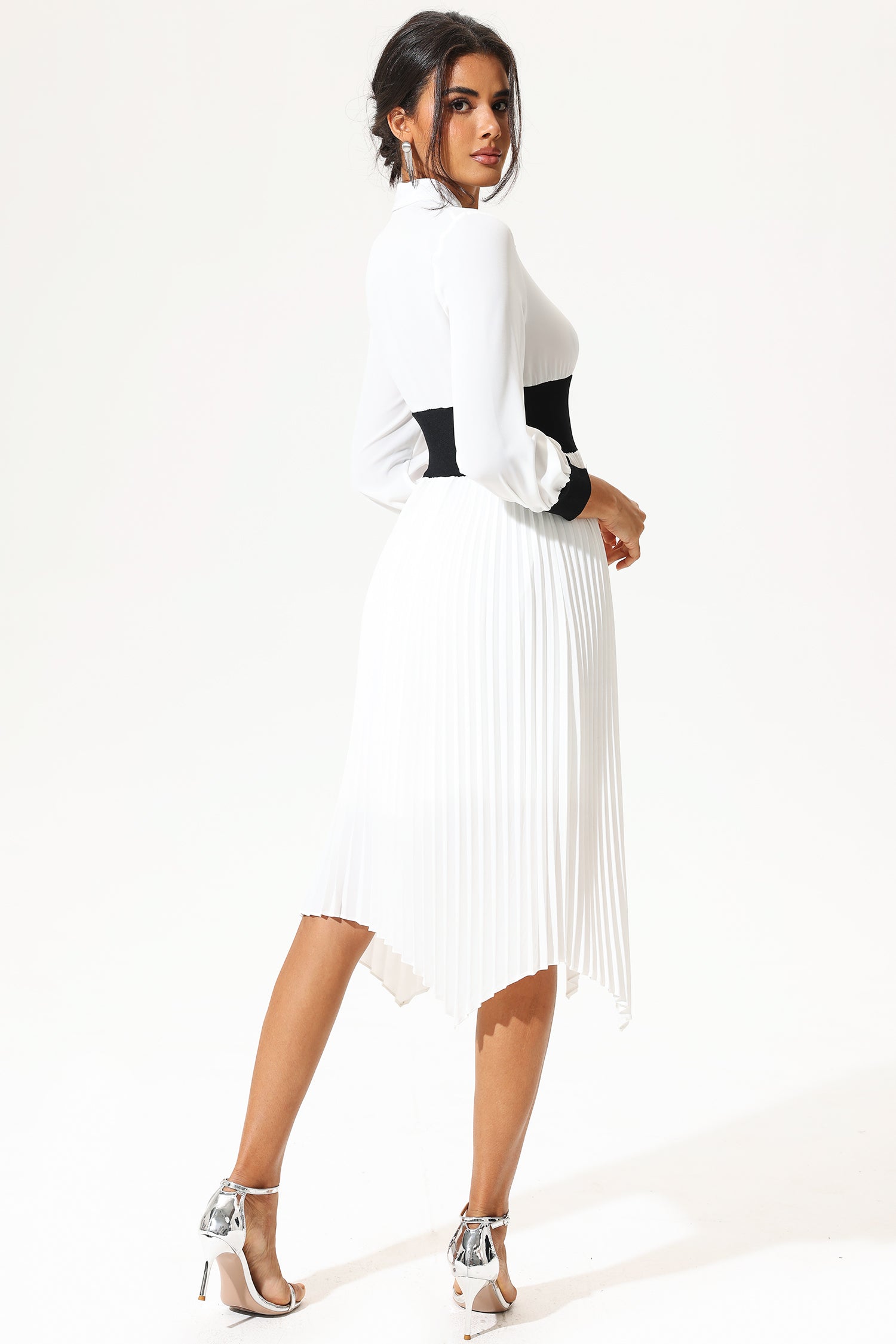 Lantern Sleeve Stand Collar Elastic Belted Midi Dress White