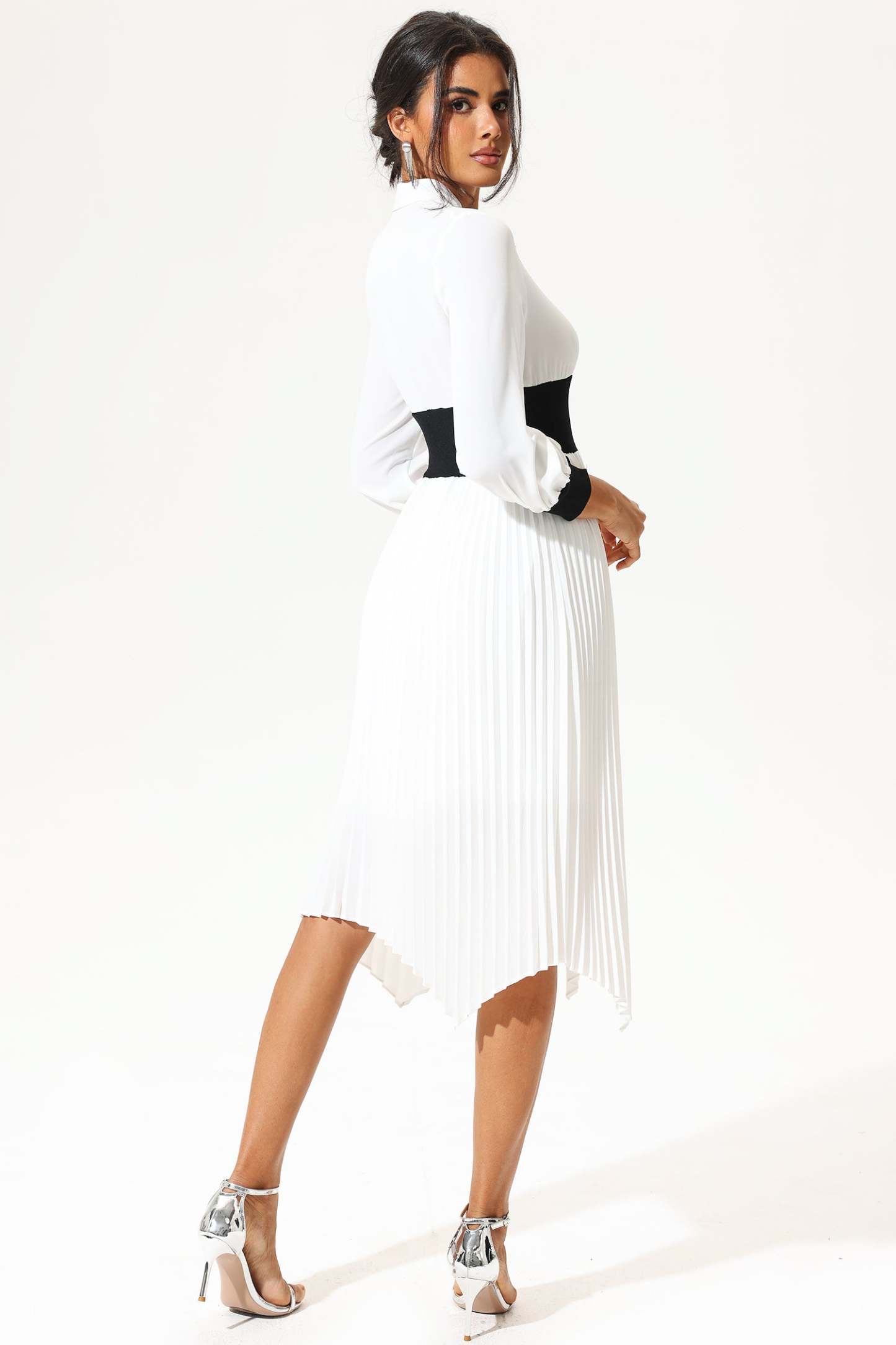 Lantern Sleeve Stand Collar Elastic Belted Midi Dress White