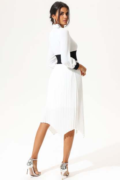 Lantern Sleeve Stand Collar Elastic Belted Midi Dress White