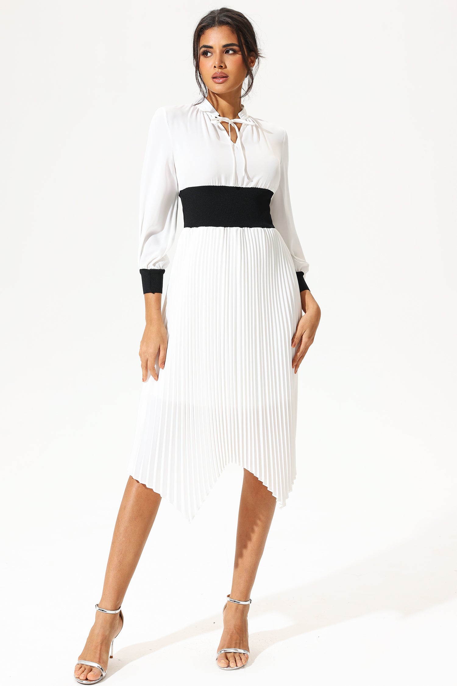 Lantern Sleeve Stand Collar Elastic Belted Midi Dress White
