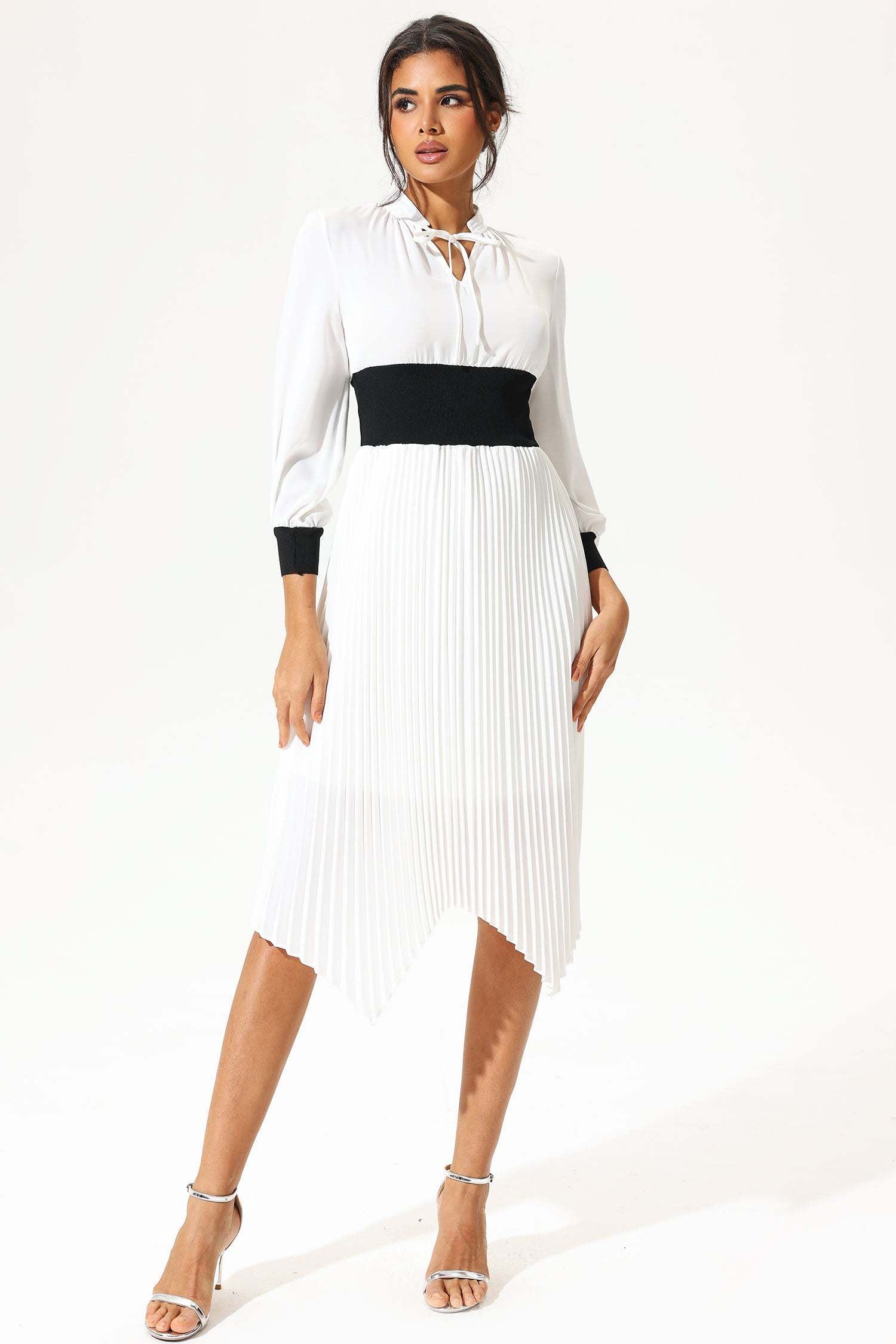 Lantern Sleeve Stand Collar Elastic Belted Midi Dress White